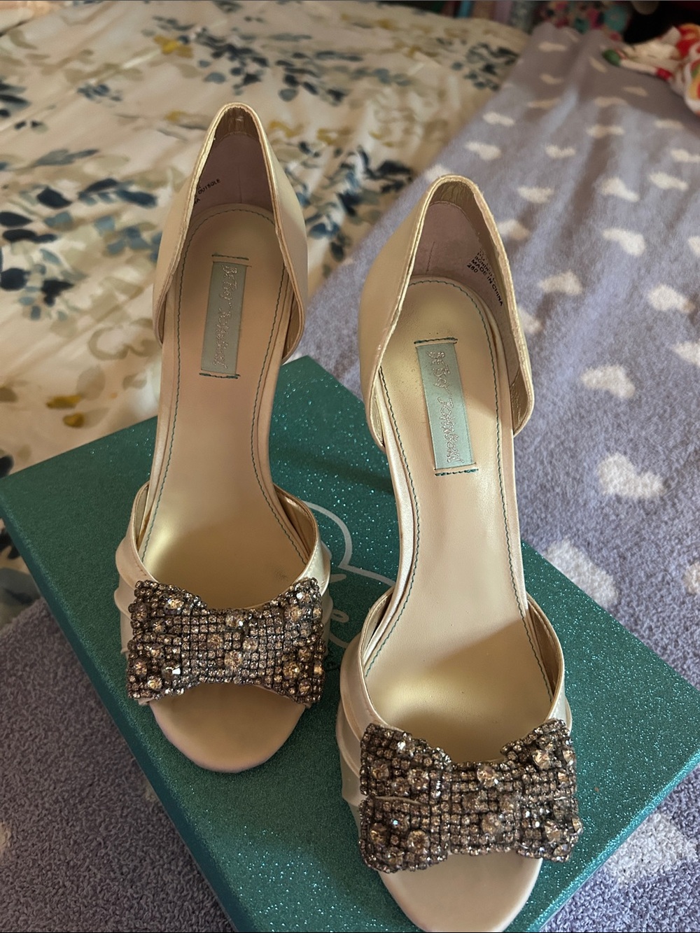 Betsey Johnson Cream Open-Toe Heels with Jeweled Bow